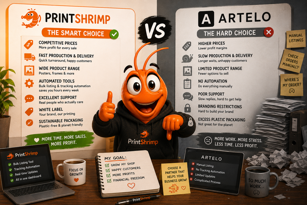 PrintShrimp vs Artelo: Best Print on Demand for Wall Art (2026)