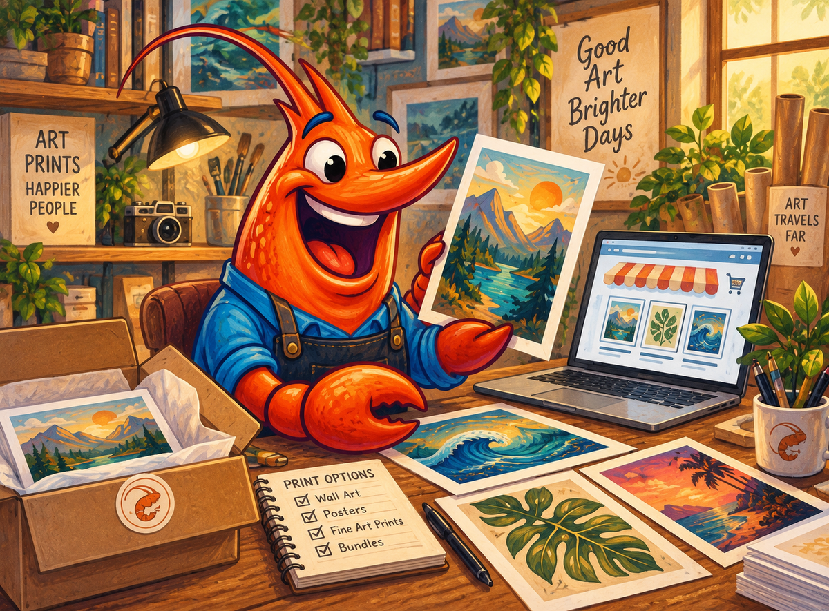 Orange shrimp arranging art prints beside a laptop at a warm, illustrated studio desk.
