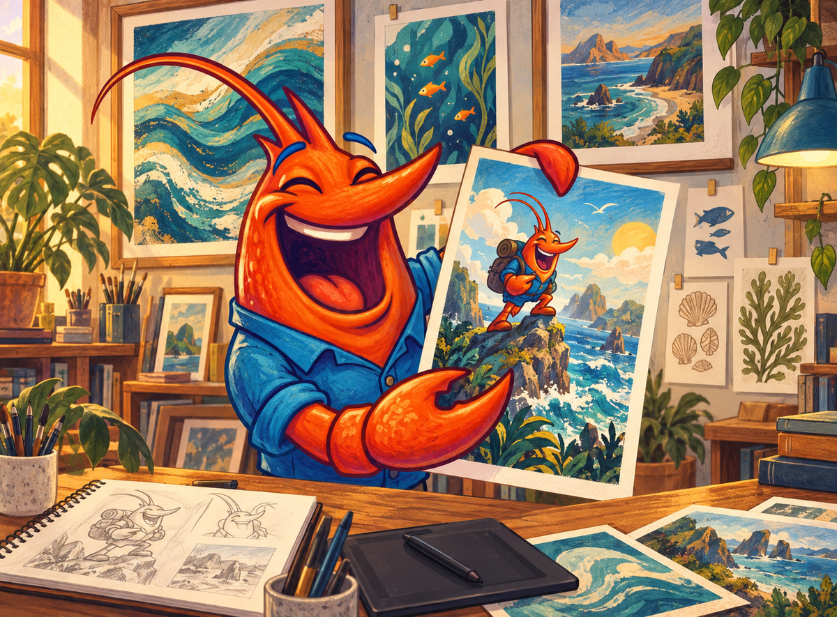 Cheerful orange shrimp mascot presenting a creator-themed collection of original posters and framed prints.