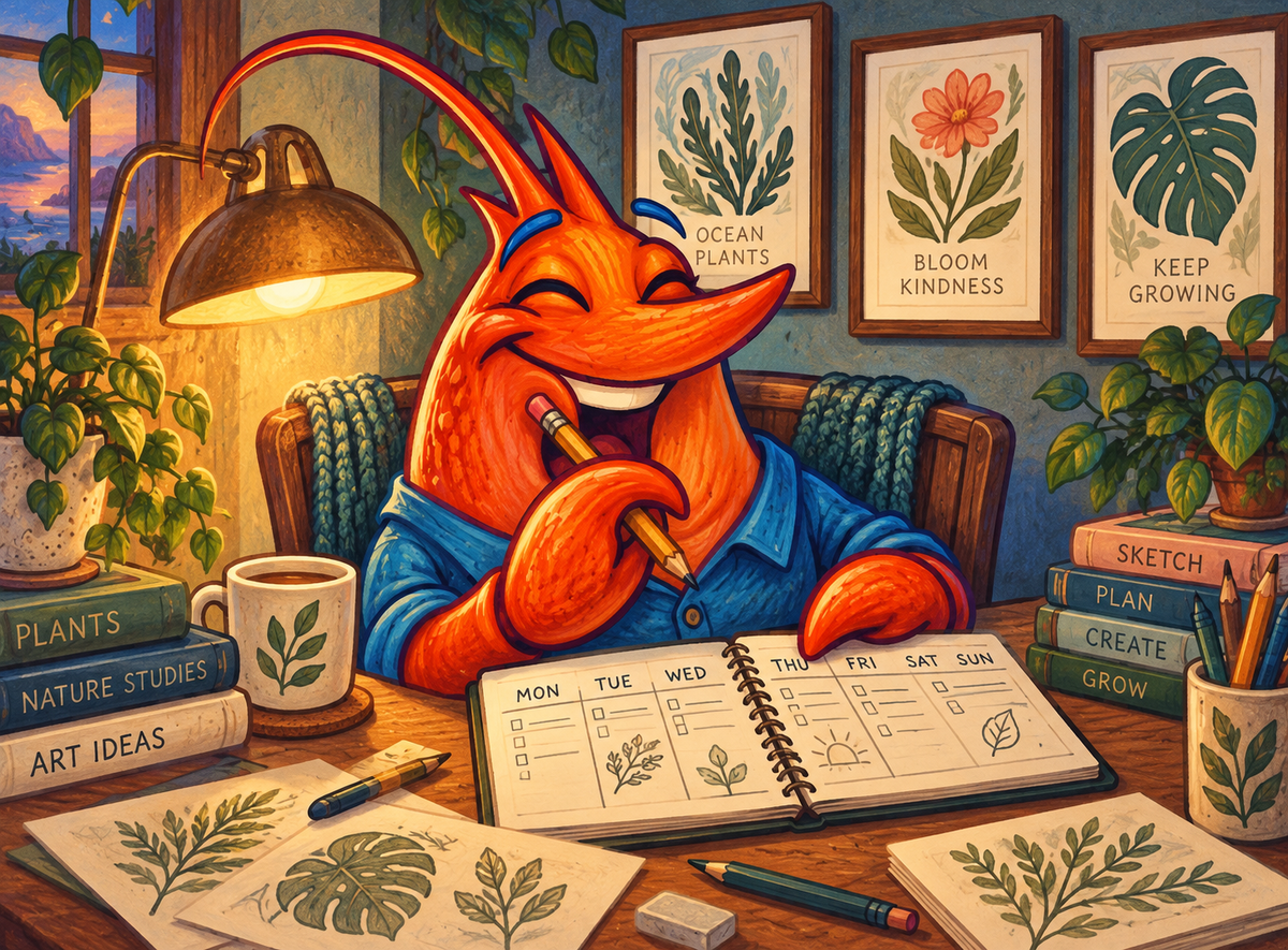 Orange shrimp mascot planning a week of work beside a small collection of botanical poster designs.