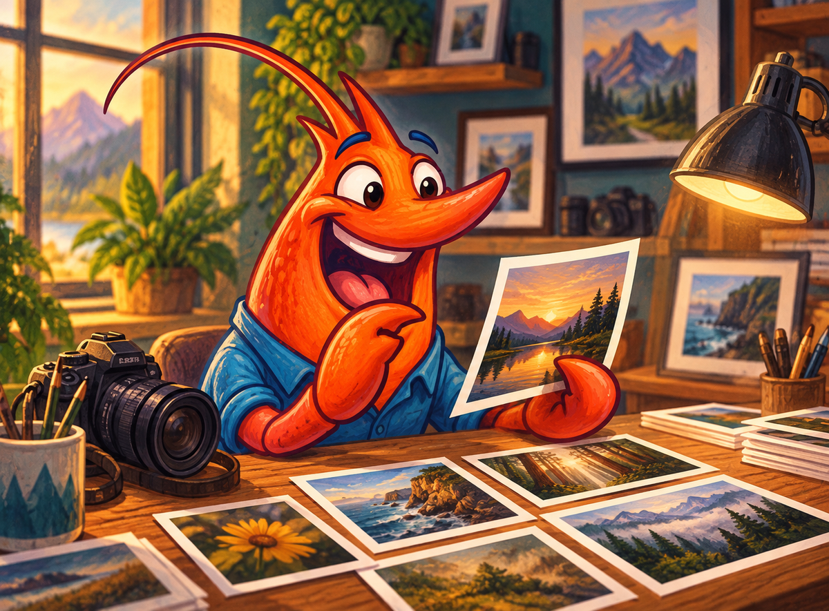 Orange shrimp comparing photographic proof prints at a studio desk, with a camera beside the collection.