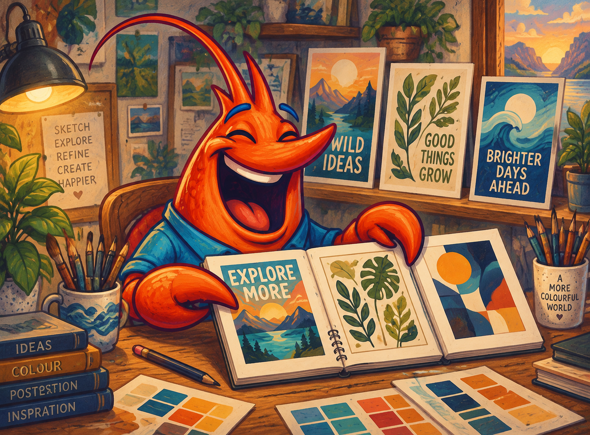 Orange shrimp mascot planning simple typographic and abstract poster designs in a sketchbook.