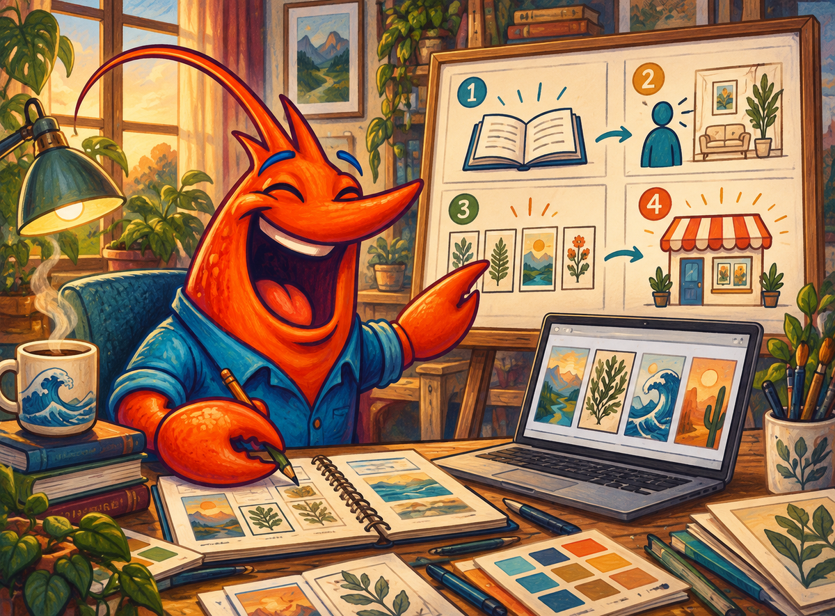 Cheerful orange shrimp mascot planning a poster shop with a four-stage learning board, artwork sketches and laptop mockups.