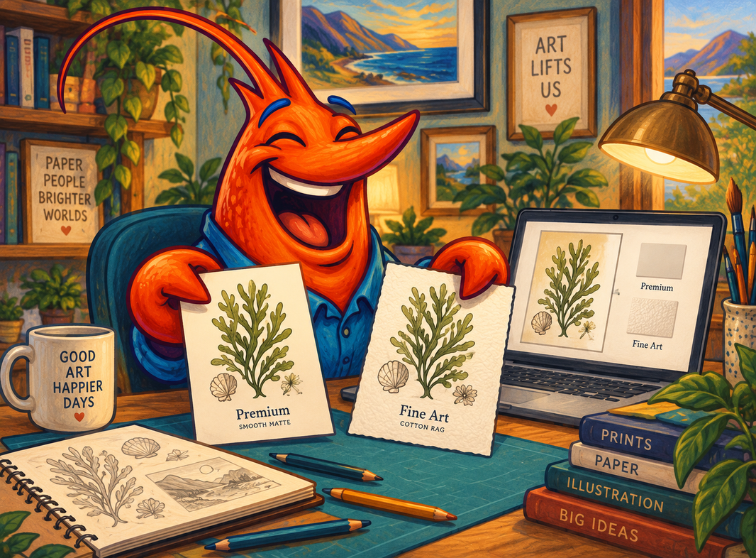 Orange shrimp mascot presenting smooth Premium and textured Fine Art paper beside illustrated online product options.