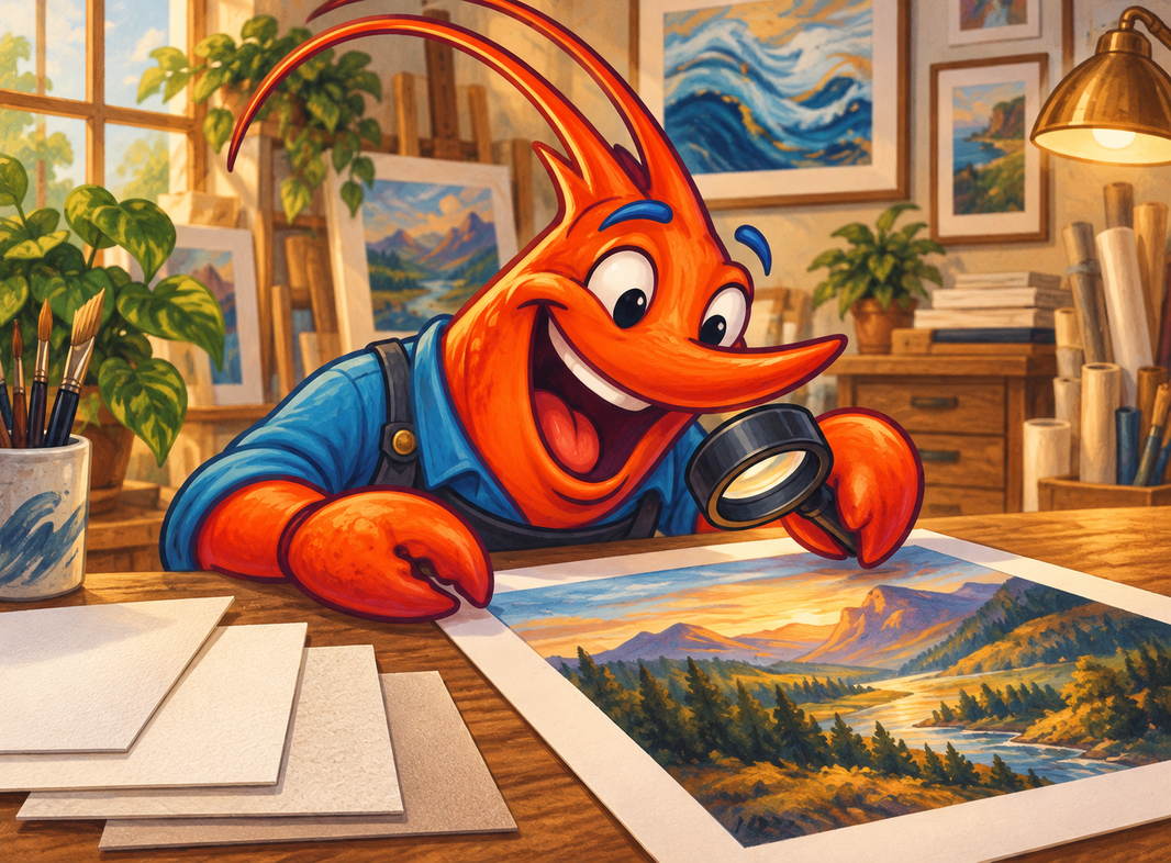 Illustrated orange shrimp examining an art print with a magnifying loupe beside paper samples in a warm studio.