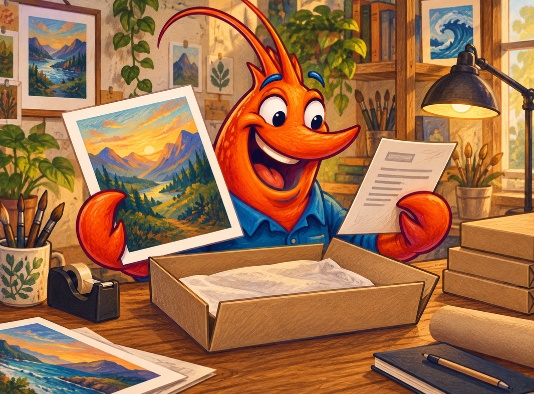 Illustrated orange shrimp examining an art print, plain parcel and packing slip at an artist’s desk.