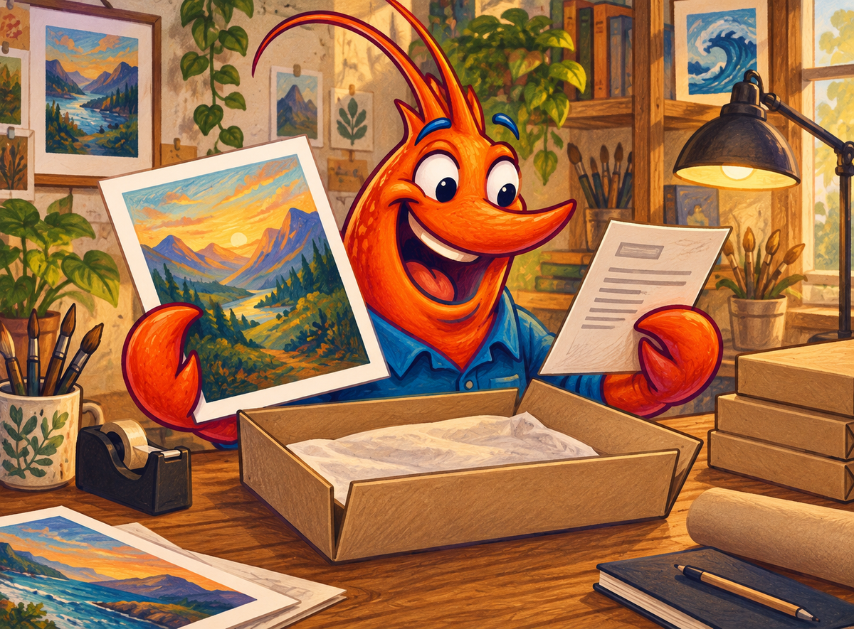 Illustrated orange shrimp examining an art print, plain parcel and packing slip at an artist’s desk.