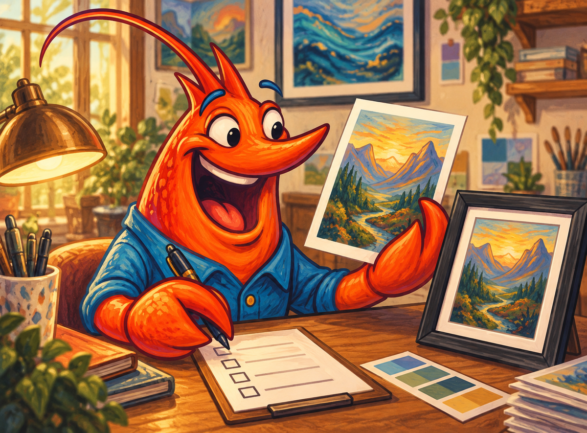 Orange shrimp mascot examining a sample art print and checklist beside a framed print.