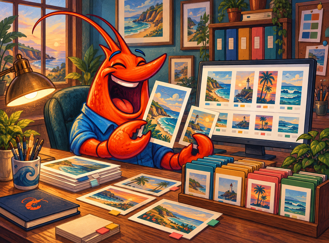 Cheerful orange shrimp organising poster artwork folders beside a catalogue screen for an Etsy shop connection.