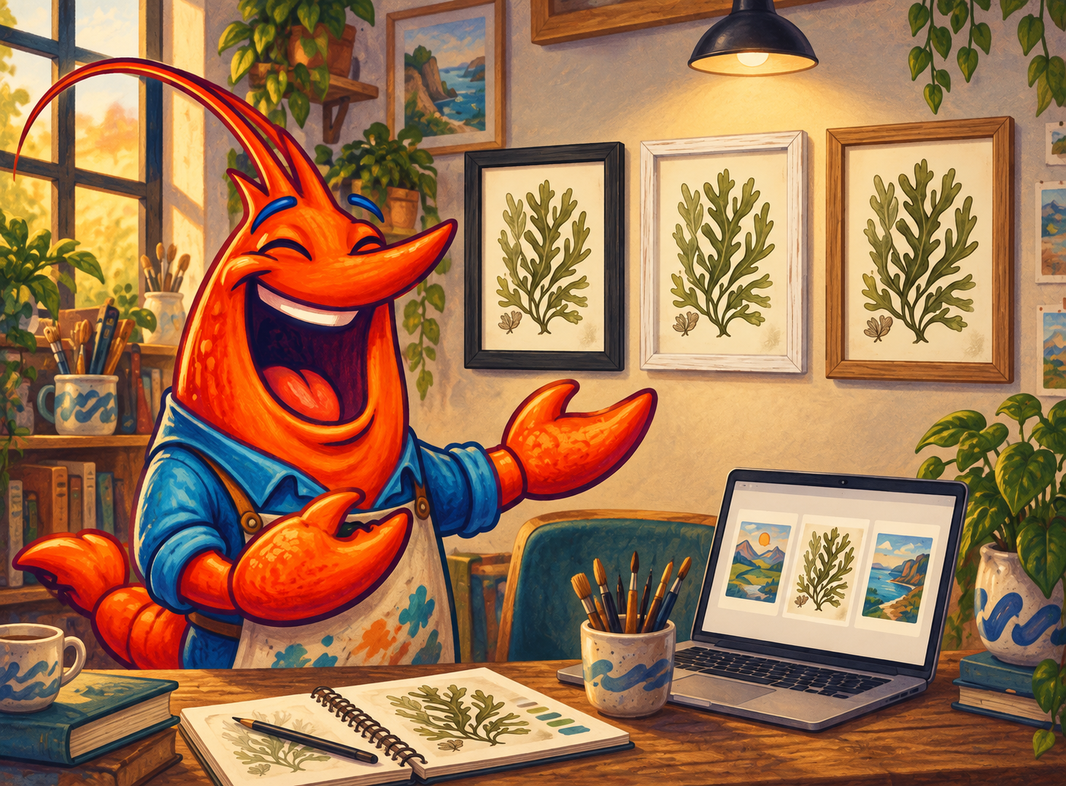 Cheerful orange shrimp mascot presenting botanical prints in black, white and oak-finish frames.