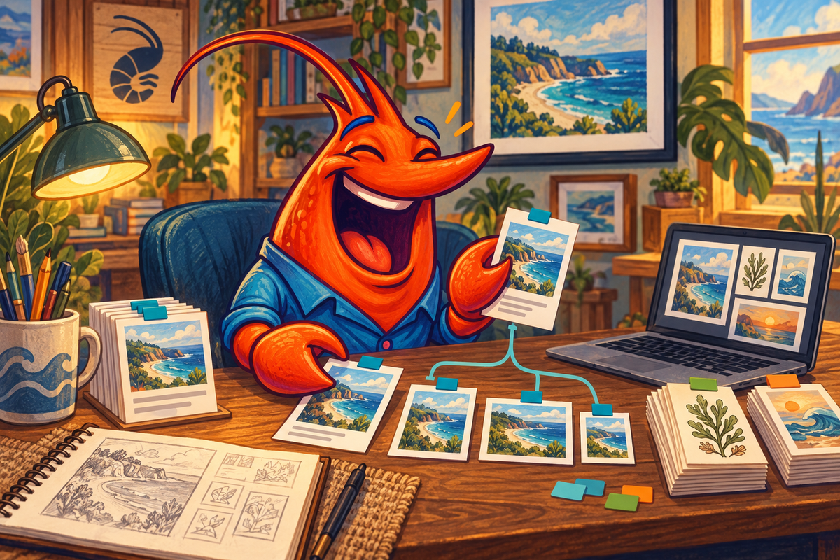 Cheerful orange shrimp mascot matching poster artwork and SKU cards at a desk to organise Etsy print orders.