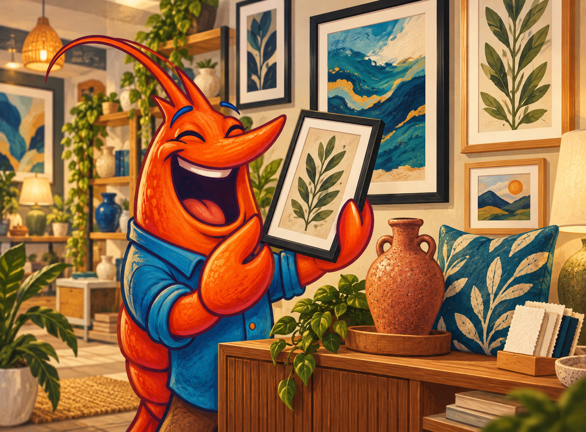 Orange shrimp mascot curating framed wall art beside coordinated ceramics and cushions in a homeware showroom.