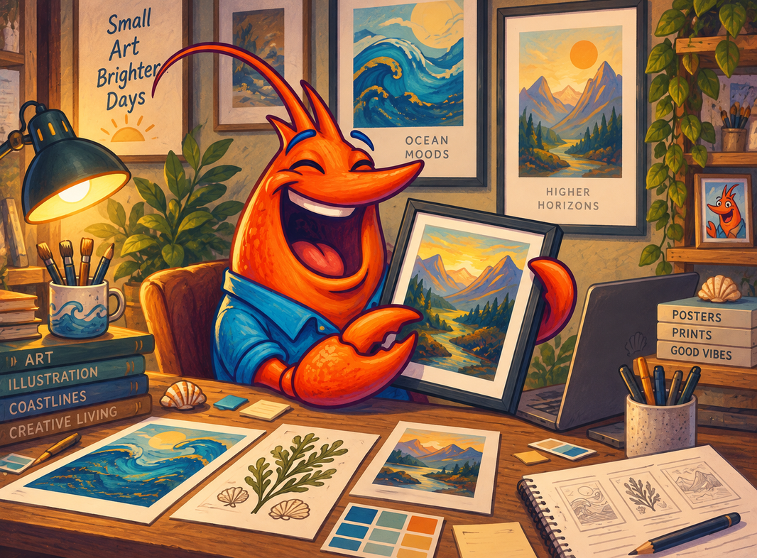 Orange shrimp mascot arranging posters and a framed print for an ecommerce brand’s catalogue.