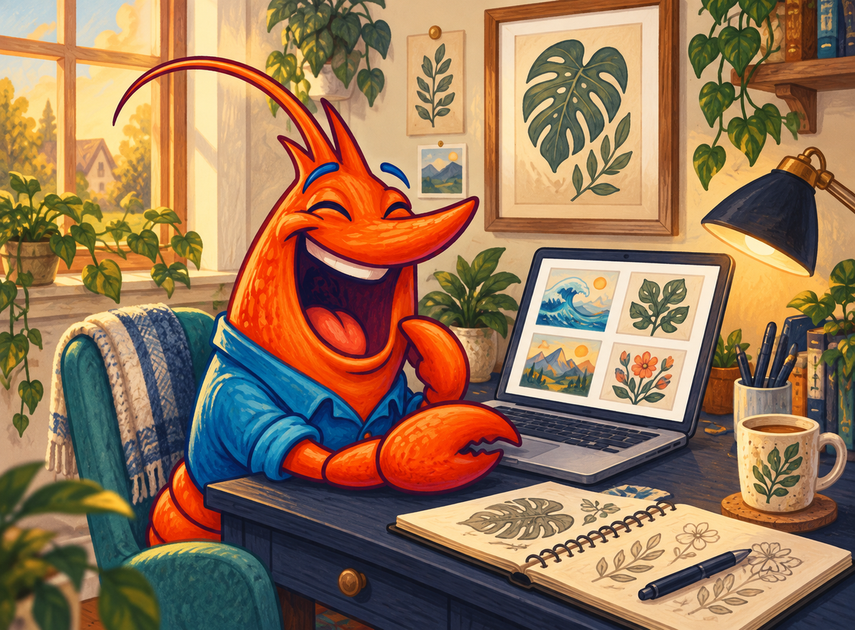 Cheerful orange shrimp mascot choosing botanical poster designs on a laptop at a compact home desk.