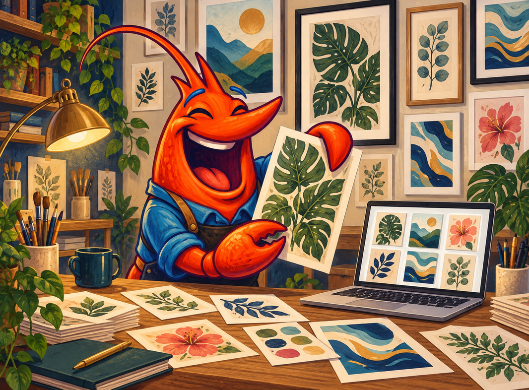 Cheerful orange shrimp mascot adapting brand illustrations and patterns into a coordinated poster and framed-print collection.