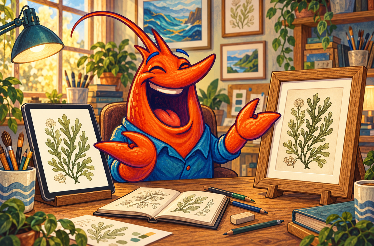 Cheerful orange shrimp mascot comparing digital botanical artwork on a tablet with a matching finished framed print.